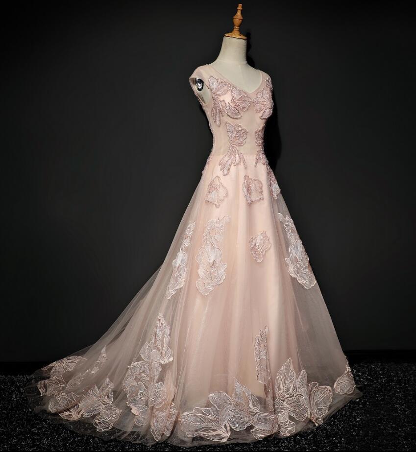 Blush Pink Cap Sleeve V Neckline Lace Long Evening Prom Dresses, Popular Party Prom Dresses, Custom Long Prom Dresses, Cheap Formal Prom Dresses, 17216