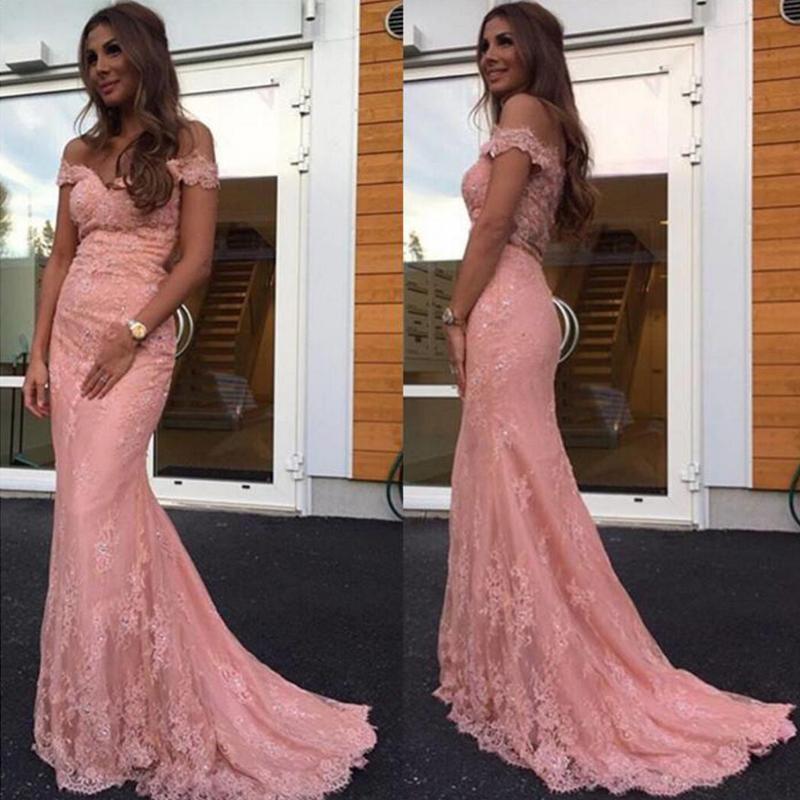 Blush Pink Off Shoulder Lace Beaded Mermaid Evening Prom Dresses, Popular Party Prom Dresses, Custom Long Prom Dresses, Cheap Formal Prom Dresses, 17208