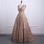 Brown Lace V Neckline A line Long Evening Prom Dresses, Popular Cheap Long Party Prom Dresses, 17243