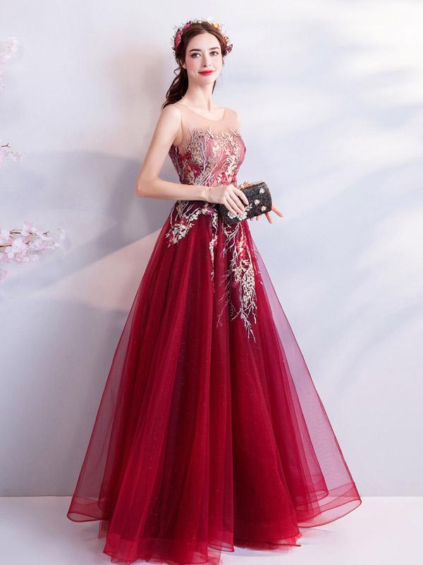 Burgundy A-line Jewel Sleeveless Long Prom Dresses Online, Evening Dresses,12458