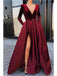 Burgundy A-line Long Sleeves V-neck High Slit Cheap Prom Dresses Online,12558