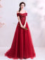 Burgundy A-line Off Shoulder Long Prom Dresses Online, Dance Dresses,12561