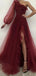 Burgundy A-line One Shoulder High Slit Long Sleeves Prom Dresses Online,12510