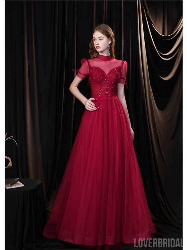 Burgundy A-line Short Sleeves Openback Long Prom Dresses Online,12577