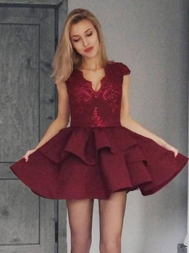 Burgundy Cap Sleeves Lace Cheap Short Homecoming Dresses Online, CM661
