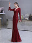Burgundy Mermaid Long Sleeves V-neck Cheap Prom Dresses Online,12757