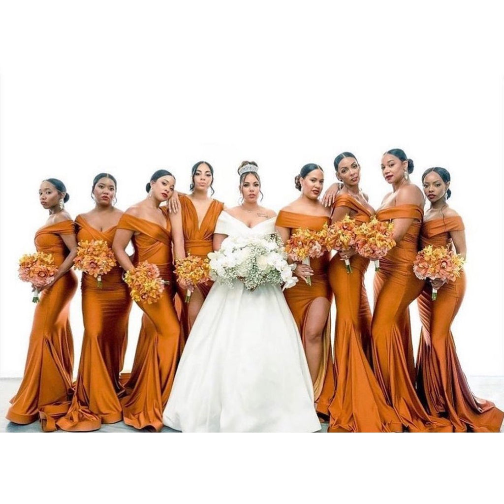 Burnt Orange Mermaid Off Shoulder High Slit Long Bridesmaid Dresses Gown Online,WG940