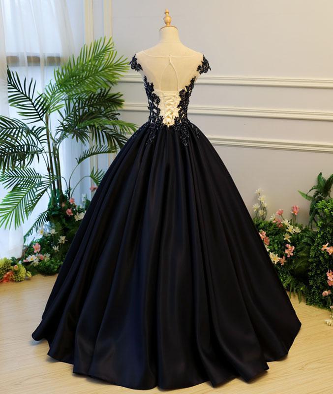 Cap Sleeve Black Lace A line Simple Long Evening Prom Dresses, Popular Cheap Long Custom Party Prom Dresses, 17327