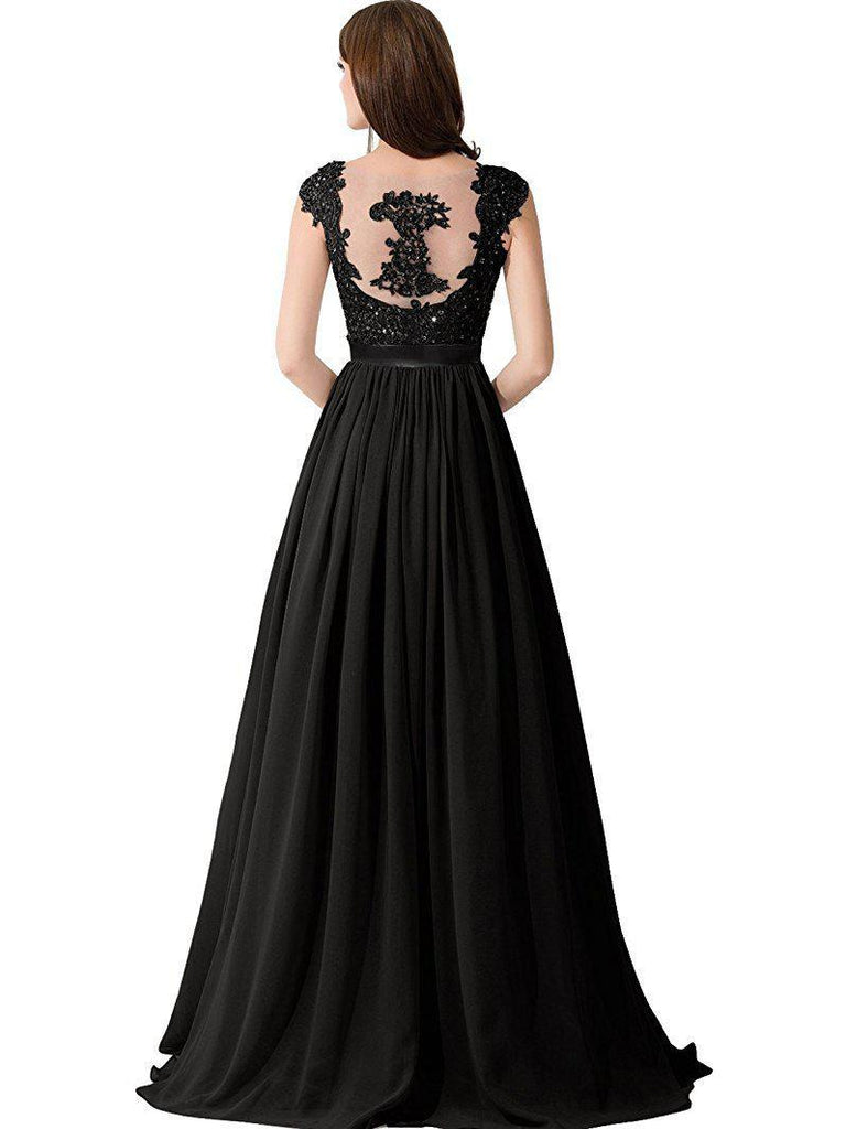 Cap Sleeve Lace Beaded See Through Black Chiffon Long Bridesmaid Dresses Online, WG286