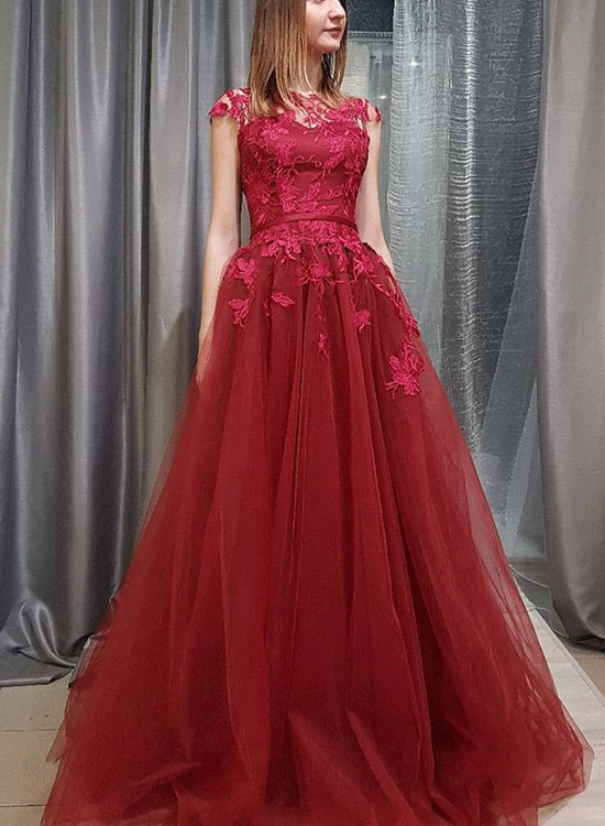 Cap Sleeve Lace Illusion Red Tulle A-line Long Evening Prom Dresses, 17641