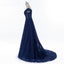 Cap Sleeve Navy Blue See Through A line Lace Beaded Long Evening Prom Dresses, Popular Cheap Long Party Prom Dresses, 17229