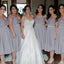 Cap Sleeve Off Shoulder Tea Length Chiffon Lace Grey On Sale Short Young Bridesmaid Dresses, WG134