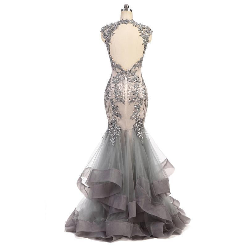 Cap Sleeves Lace Beaded Grey Mermaid Long Evening Prom Dresses, Cheap Sweet 16 Dresses, 18363
