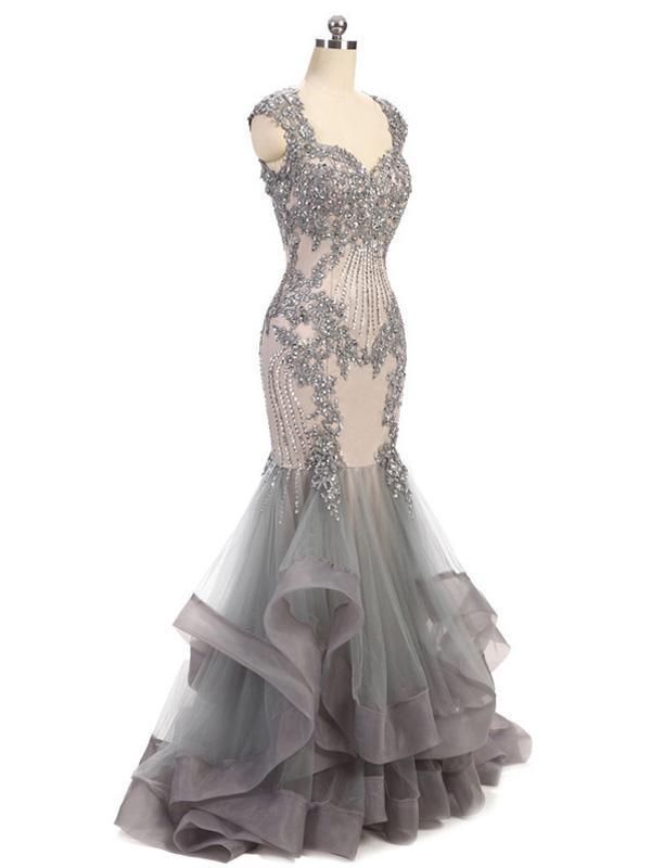 Cap Sleeves Lace Beaded Grey Mermaid Long Evening Prom Dresses, Cheap Sweet 16 Dresses, 18363