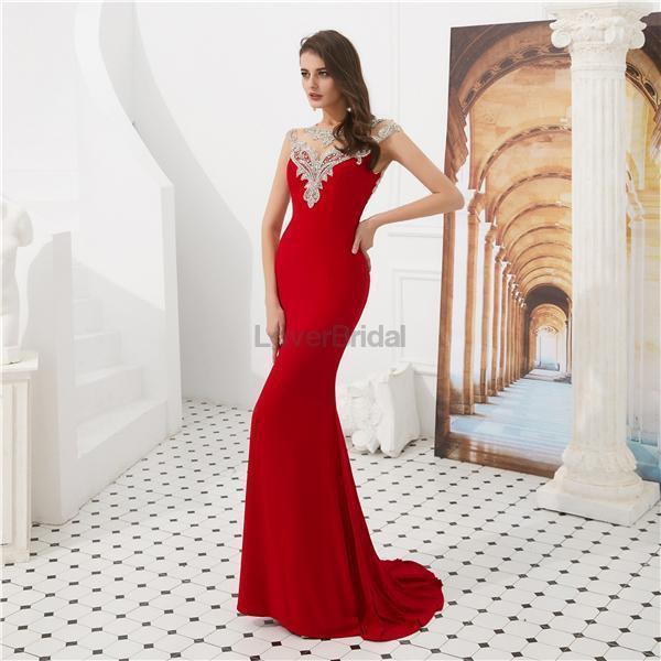 Cap Sleeves Red Beaded Mermaid Evening Prom Dresses, Evening Party Prom Dresses, 12086