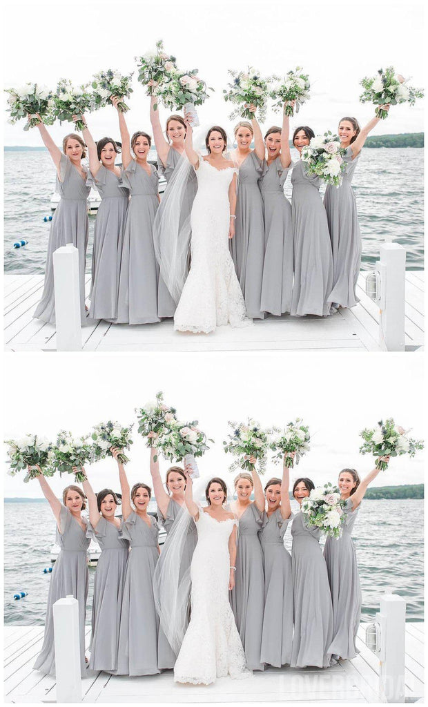 Chiffon Grey Cap Sleeves Long Cheap Bridesmaid Dresses Online, WG668