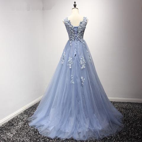 Corset Back Dusty Blue Lace Evening Prom Dresses, Popular Lace Party Prom Dresses, Custom Long Prom Dresses, Cheap Formal Prom Dresses, 17189