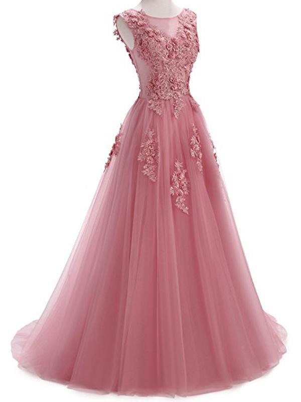 Custom 2022 Formal Pink Lace A-line Long Evening Prom Dresses, 17669