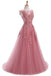 Custom 2022 Formal Pink Lace A-line Long Evening Prom Dresses, 17669