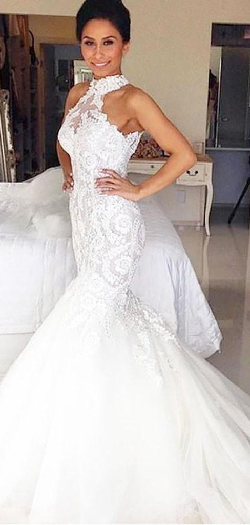 Custom Halter Lace Beaded Mermaid Cheap Wedding Dresses Online, WD422