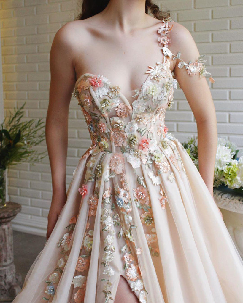Cute One Shoulder Lace Flower Long Cheap Evening Prom Dresses, Evening Party Prom Dresses, 12351