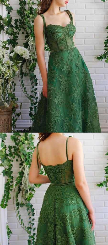 Dark Green A-line Spaghetti Straps Long Prom Dresses Online, Dance Dresses,12511