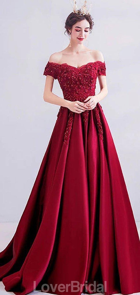 Dark Red Off Shoulder Lace Beaded Evening Prom Dresses, Evening Party Prom Dresses, 12206