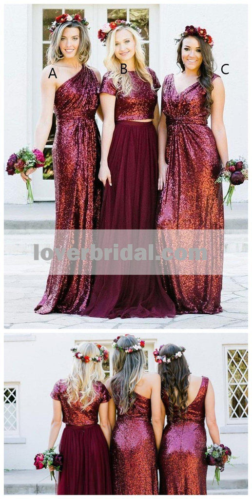 Dark Red Sequin Mismatched Custom Long Bridesmaid Dresses, WG235
