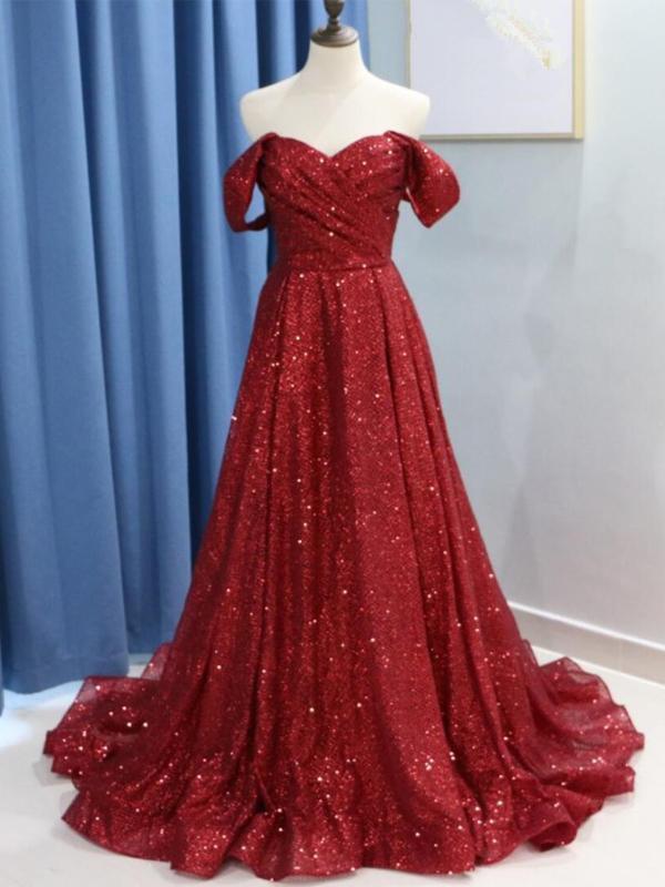 Dark Red Sparkly Off Shoulder A-line Long Evening Prom Dresses, Evening Party Prom Dresses, 12294