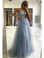 Dusty Blue A-line Spaghetti Straps V-neck See Through Long Prom Dresses Online,12477