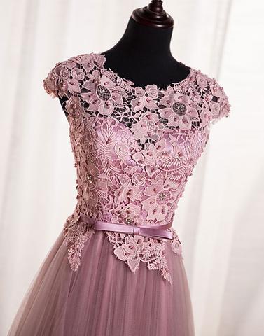 Dusty Pink Open Back Cap Sleeve Custom Long Evening Prom Dresses, 17722