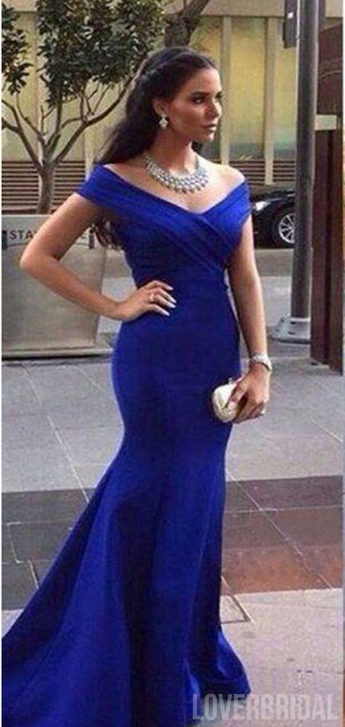 Elegant Mermaid Royal Blue Off the Shoulder V-neck Cheap Bridesmaid Dresses Gown Online, WG875