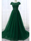 Emerald Green A-line Short Sleeves Jewel Cheap Long Prom Dresses,12693