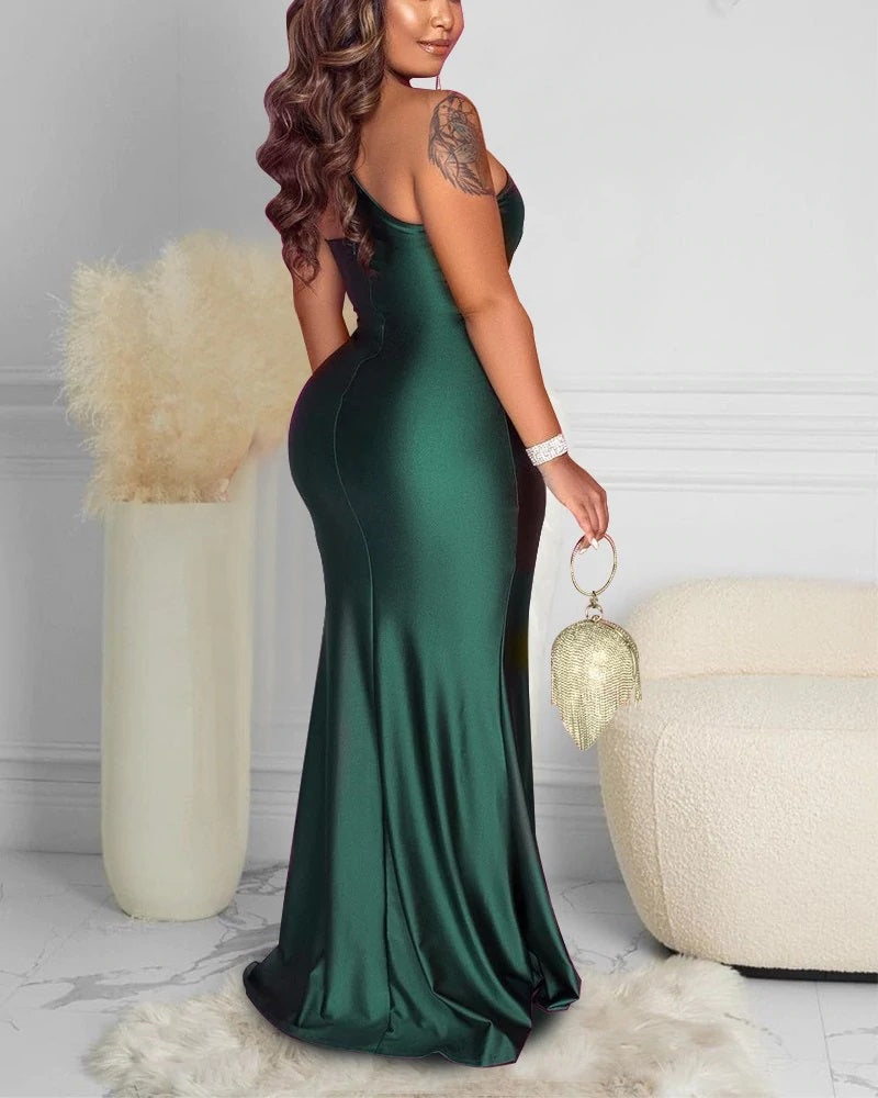 Emerald Green Mermaid One Shoulder High Slit Cheap Long Bridesmaid Dresses,WG1152