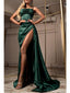 Emerald Green Mermaid Spaghetti Straps High Slit Cheap Long Prom Dresses,12657
