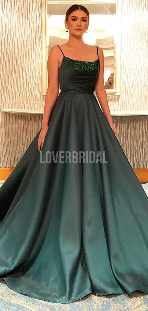 Emerald Green Spaghetti Straps Beaded Long Evening Prom Dresses, Evening Party Prom Dresses, 12275