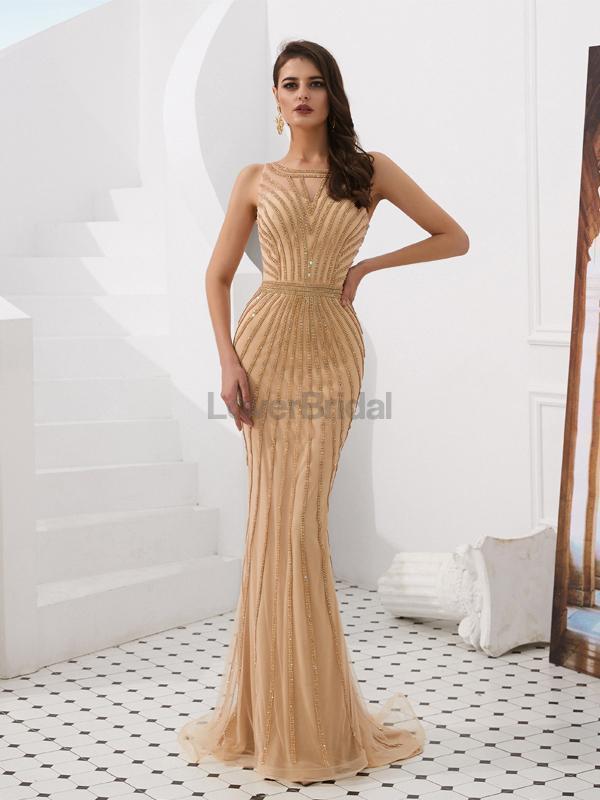 Gold Jewel Heavily Beaded Mermaid Evening Prom Dresses, Evening Party Prom Dresses, 12078