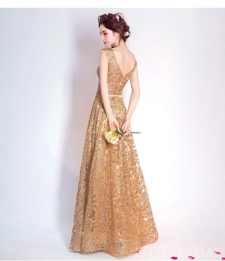 Gold Sequin Lace See Through Cheap Long Evening Prom Dresses, Cheap Custom Sweet 16 Dresses, 18528