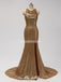 Gold Sequin See Through Halter Mermaid Long Cheap Bridesmaid Dresses Online, WG598