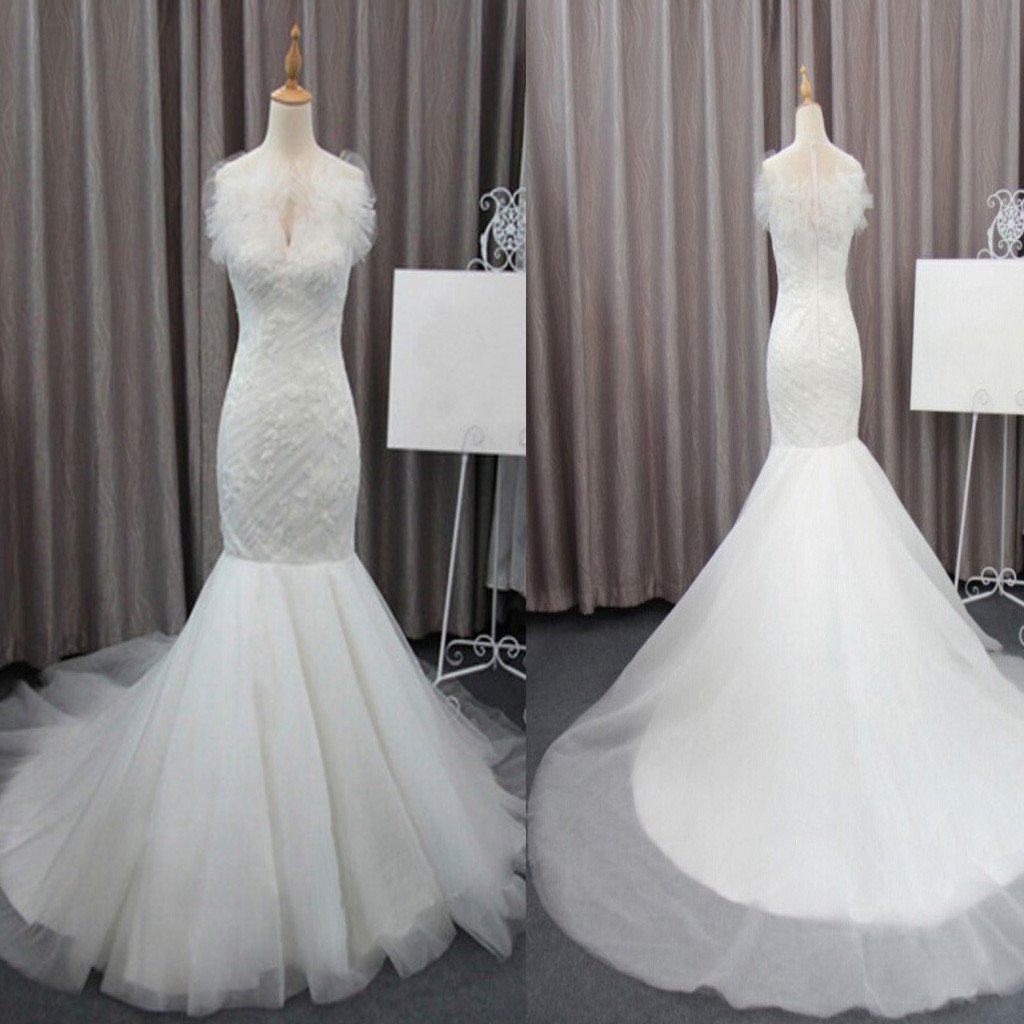 Gorgeous Elegant White Lace Mermaid Tulle Wedding Party Dresses, Bridal Gown, WD0072