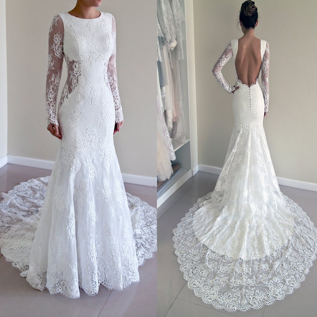 Gorgeous Round Neck Long Sleeve Sexy Mermaid Backless Lace Wedding Party Dresses, WD0040
