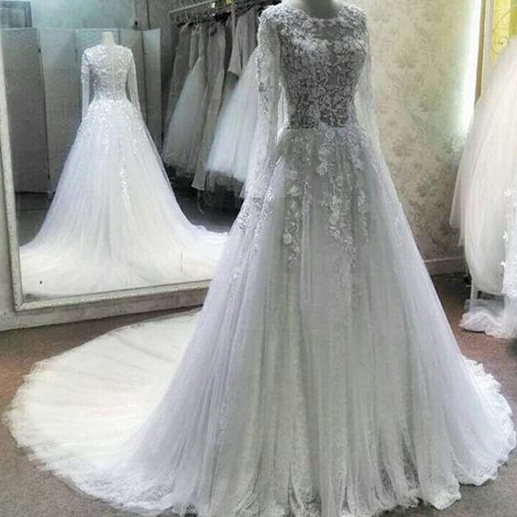 Gorgeous See Through Long Sleeve Scoop Neck Lace Tulle Wedding Dresses, WD164