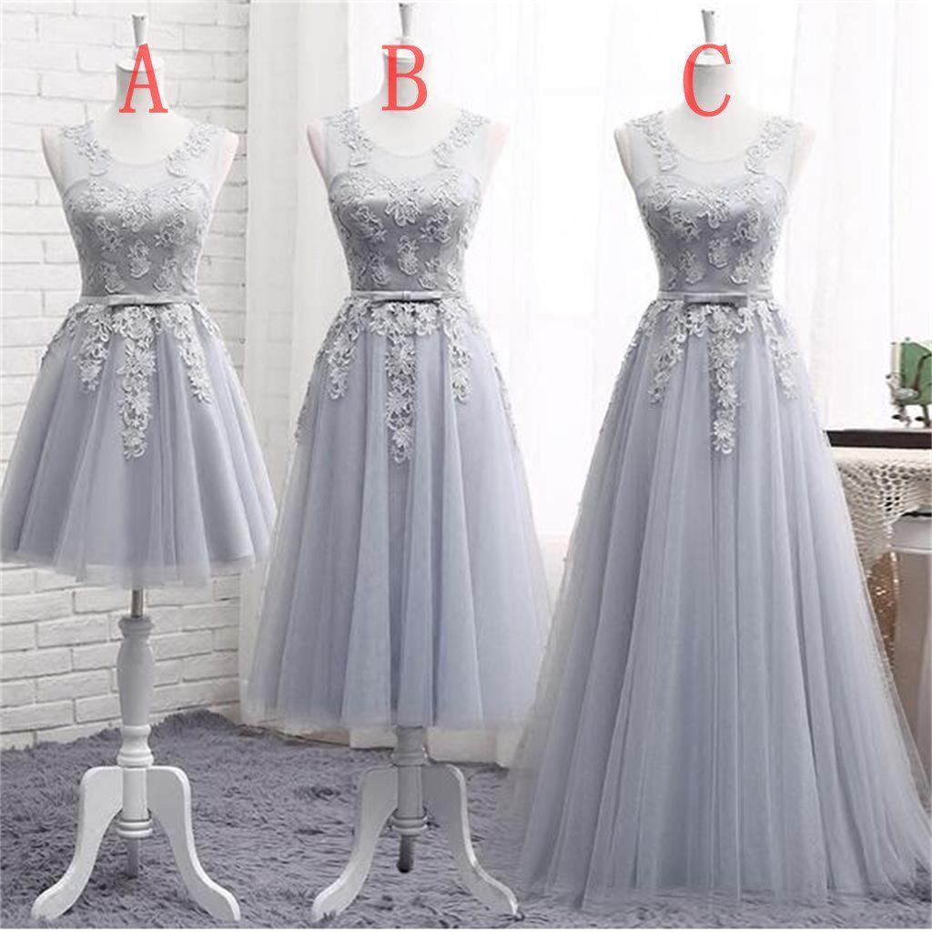 Gray Lace A line Long Bridesmaid Dresses, Cheap Custom Long Bridesmaid Dresses, Affordable Bridesmaid Gowns, BD019