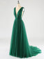 Green A-line Deep V-neck Open Back Cheap Long Prom Dresses Online,12523