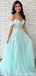 Green A-line Off Shoulder Cheap Long Prom Dresses,Evening Party Dresses,12629