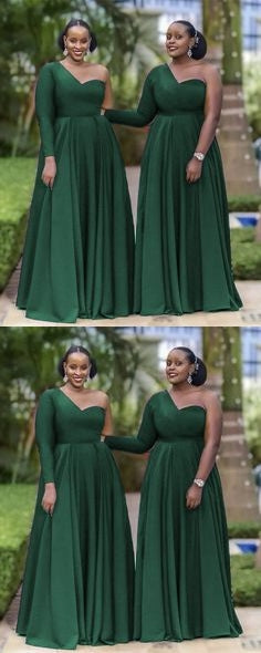 Green A-line One Shoulder Long Sleeves Cheap Bridesmaid Dresses,WG1248