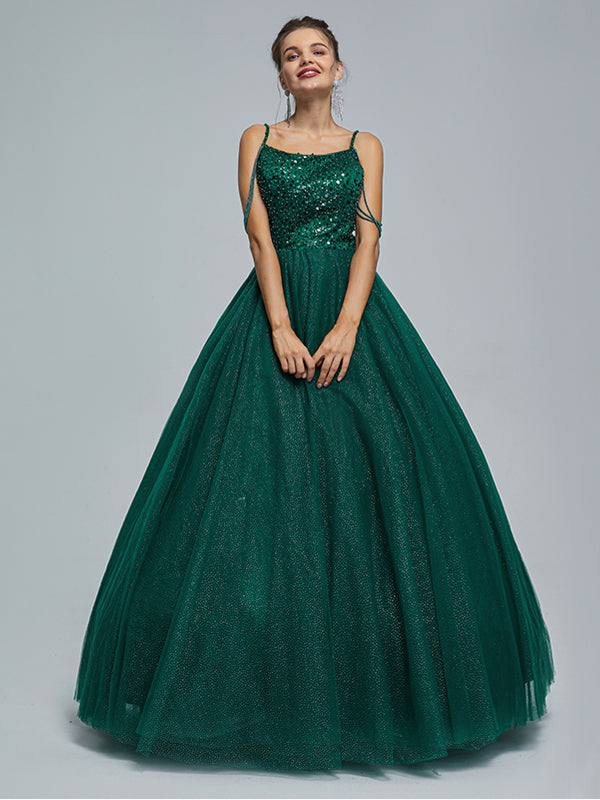 Green A-line Spaghetti Straps Cheap Long Prom Dresses Online,12802