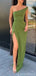 Green Mermaid One Shoulder High Slit Cheap Long Prom Dresses Online,12618