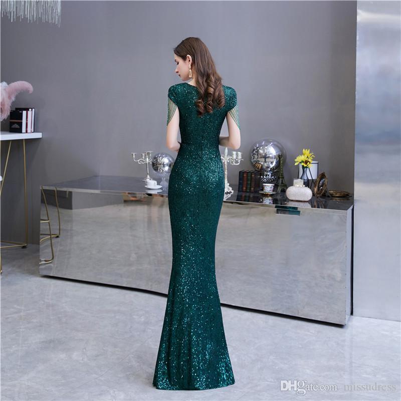Green Mermaid Sequin V-neck Cap Sleeves Long Party Prom Dresses Online,12362