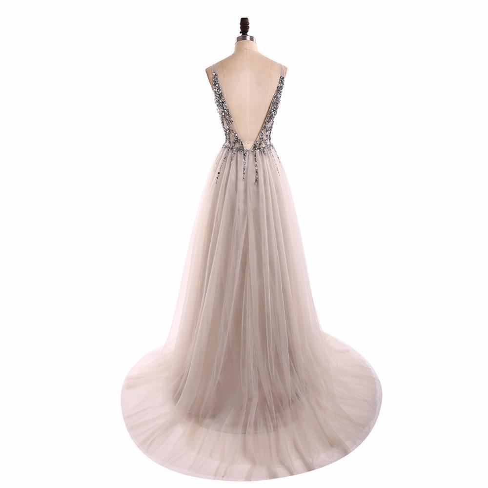 Grey V Neck See Through Beaded Long Evening Prom Dresses, Cheap Sweet 16 Dresses, 18351